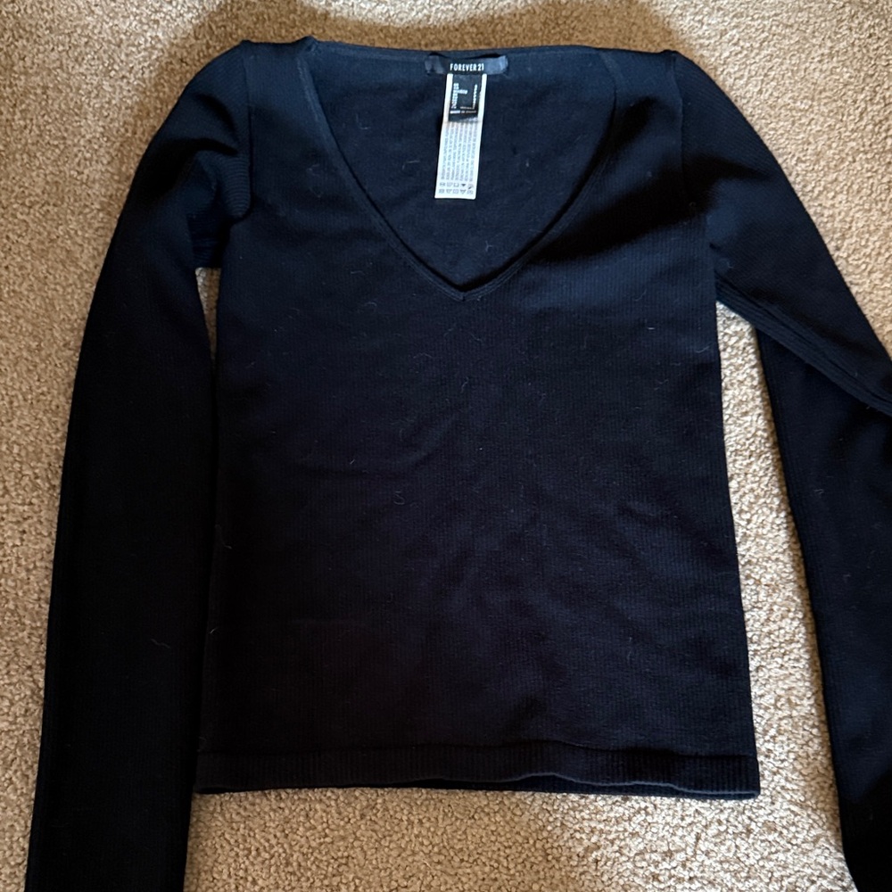 Forever 21 Black Ribbed V-Neck Long Sleeve Top